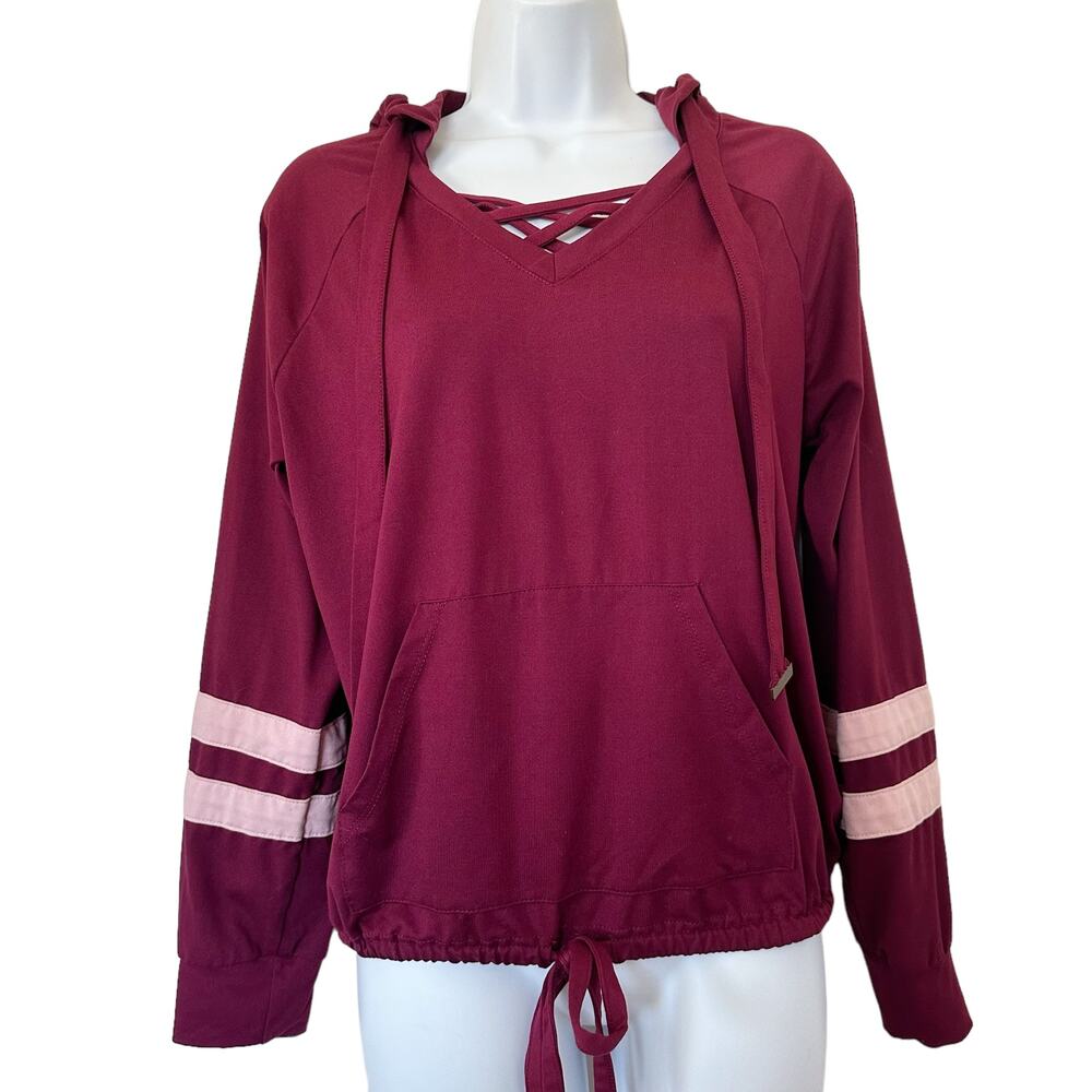 No Boundaries Raglan Long Sleeve Drawstring Hoodie Pullover Maroon Size Large